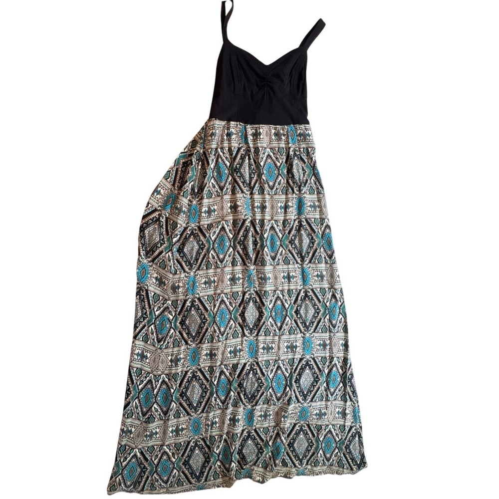 Mudd Maxi Dress Womens Small Black Blue Geometric Print Boho Sleeveless Casual